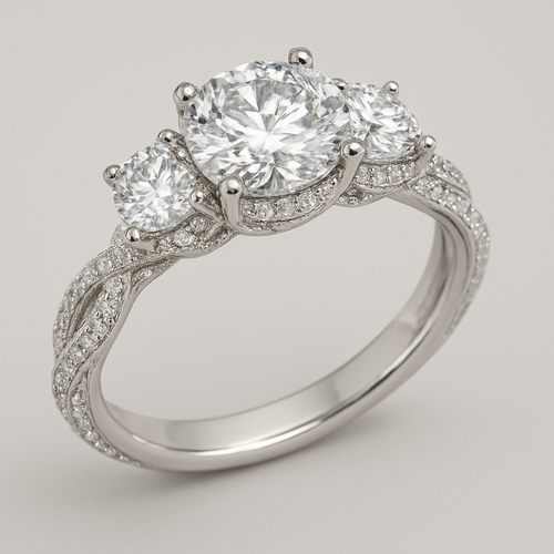 3 stone 4.5 carat wedding ring with twisted pave band and hidden halo