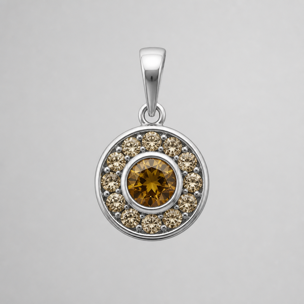 Pendant, white gold, center stone .55 mm vivid brown yellow diamond, bezel, 10 surrounding diamonds 1.5mm champagne diamonds
