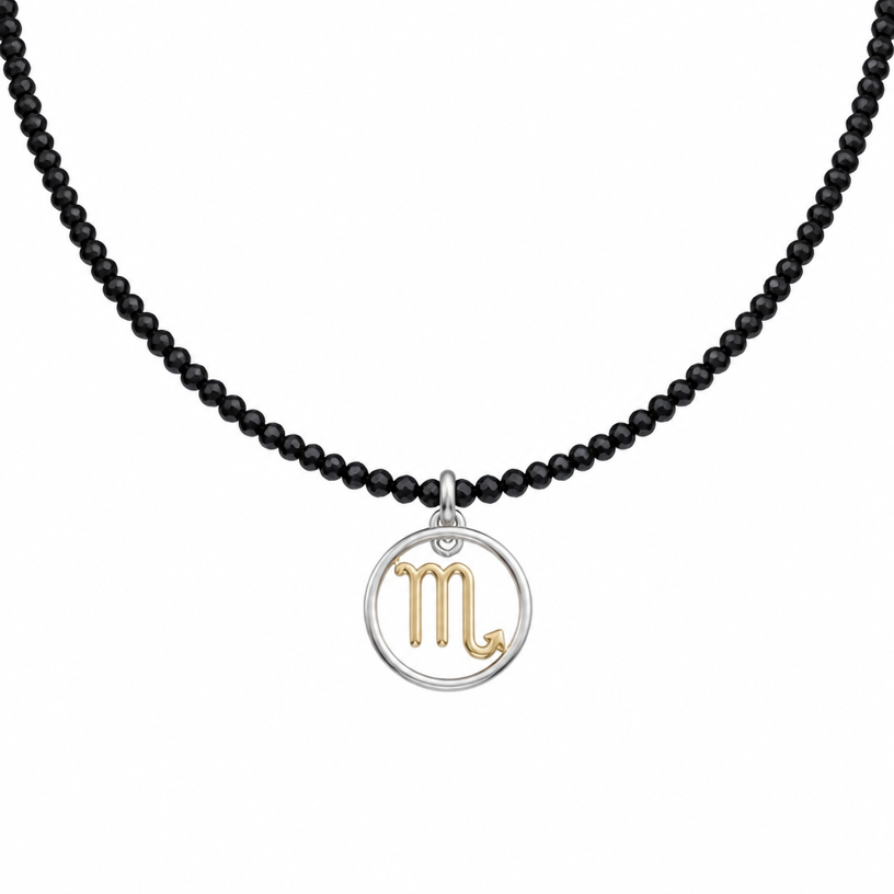 A beaded women's necklace made of mixed metal suitable for daily wear. build me a necklace like photo I just showed you - make zodiac sign scorpio charm in same initial style without a background but in one simple silver circle. necklace is made with black tourmaline gems in size about 2 to 3 mm.