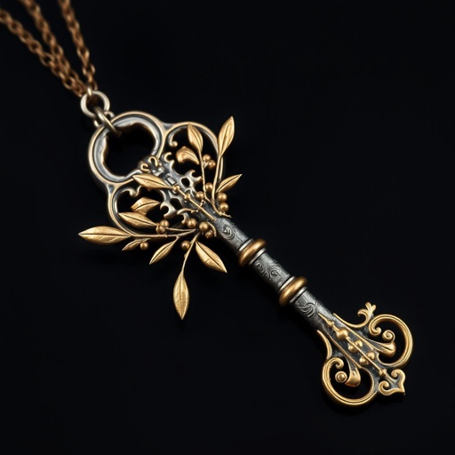 Old skeleton key shape gold and silver tones with olive branch turning on leg and keffieh print on the tip