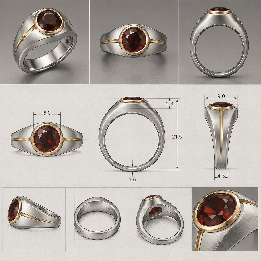 A modern men's ring made of silver with garnet stones suitable for daily wear, minimalist, simple and delicate, clean lines. a signet ring for the little finger with a beautiful 6mm round garnet in a bezel setting the ring can have a small splash or line of gold for contrast i would like a detailed sketch and design with measument
photorealistic jewelry design, A modern men's ring made of silver with garnet stones suitable for daily wear, minimalist, simple and delicate, clean lines. a signet ring for the little finger with a beautiful 6mm round garnet in a bezel setting the ring can have a small splash or line of gold for contrast i would like a detailed sketch and design with measument, modern style, just the design no text