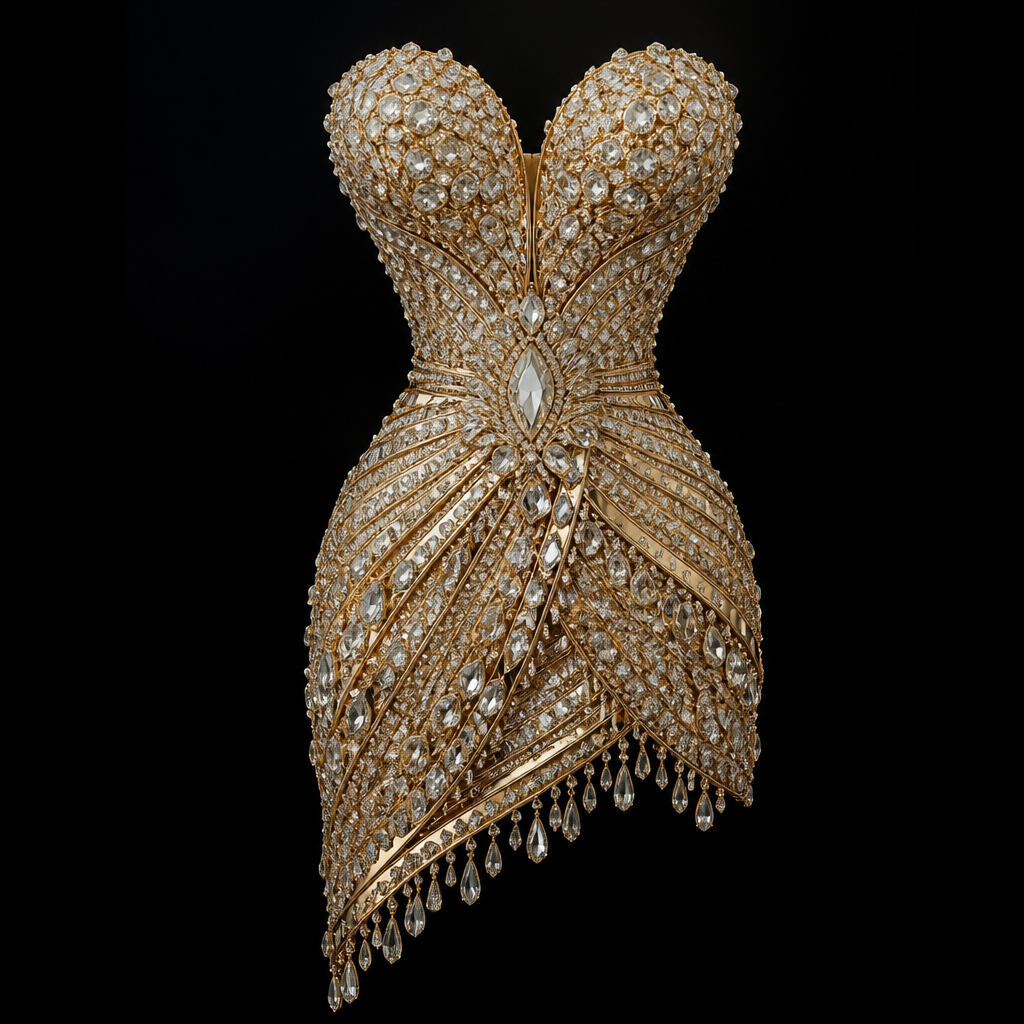 Gold and diamond dress
photorealistic jewelry design, Gold and diamond dress, just the design no text