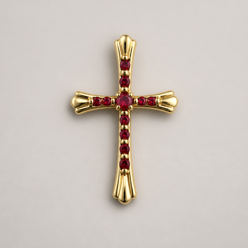 Dainty and feminine Gold cross with rubies, majority gold . Hidden bail
photorealistic jewelry design, Dainty and feminine Gold cross with rubies, majority gold . Hidden bail, contemporary style, just the design no text