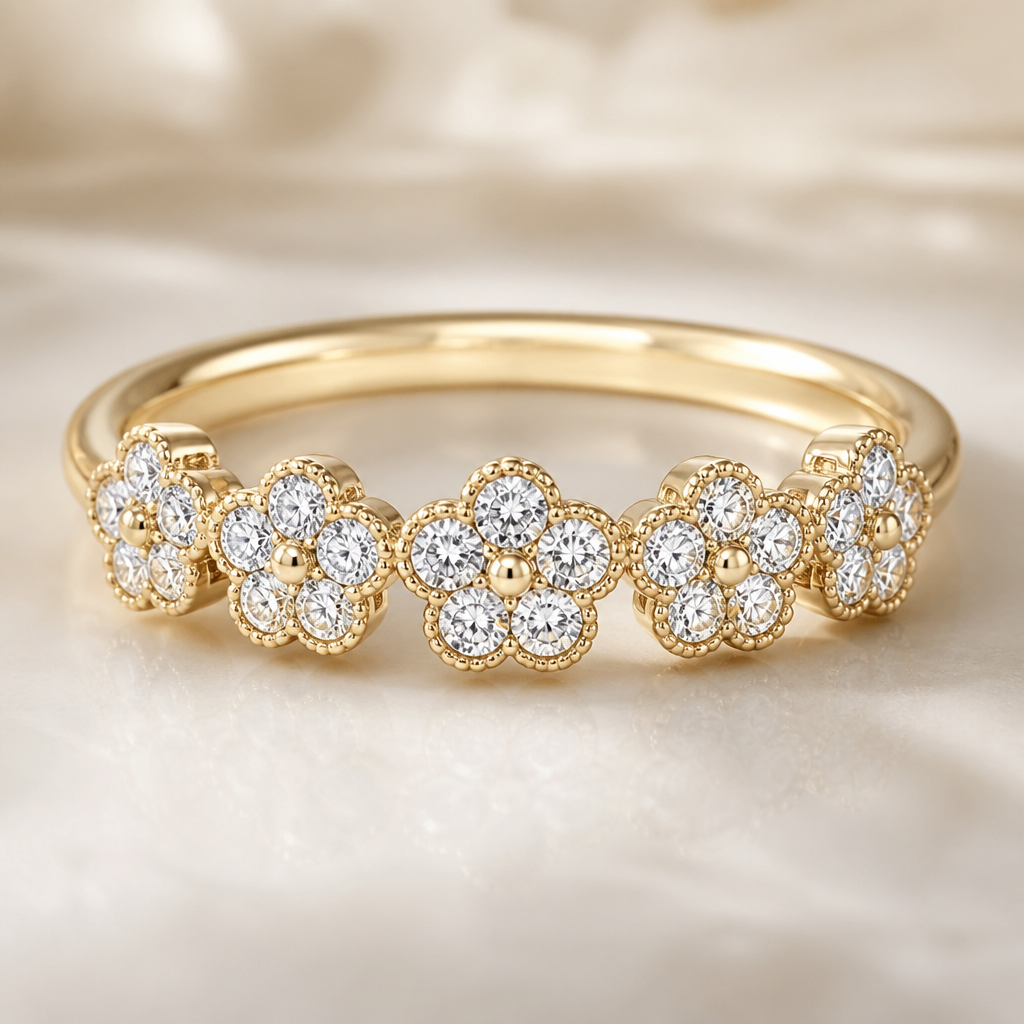 A bohemian women's ring suitable for wedding. aro de matrimonio banda redonda con 5 circonias convertidas en flores en donde va el diamante
photorealistic jewelry design, A bohemian women's ring suitable for wedding. aro de matrimonio banda redonda con 5 circonias convertidas en flores en donde va el diamante, bohemian style, just the design no text