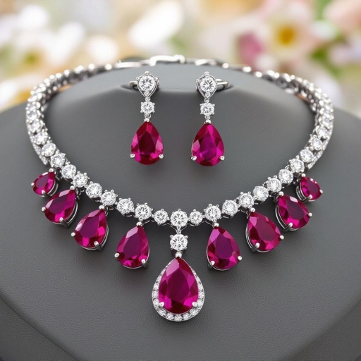 Colorful spinal luxury necklace long pear drop style and luxury earring set Platinum necklace, ruby pear drops, diamond accents, prong setting. Matching platinum earrings, ruby pear drops, diamond accents, prong setting.