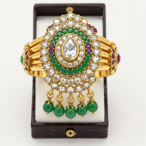 A broad double ring covering almost 3 fingers with jadau in the centre and ghunghrus in both ends 