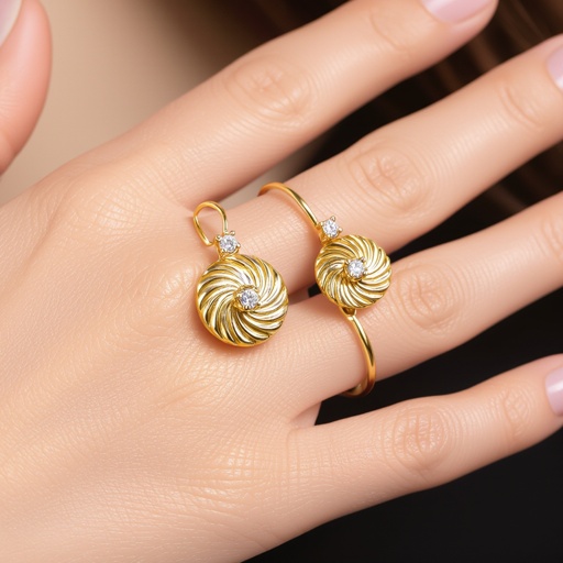 Золотые серьги в виде золотой спиральной ракушки украшенной тремя маленькими камнями 