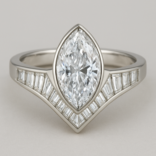 Bezel set 6 carat marquise diamond center stone with baguette diamonds in a chevron pattern in the band