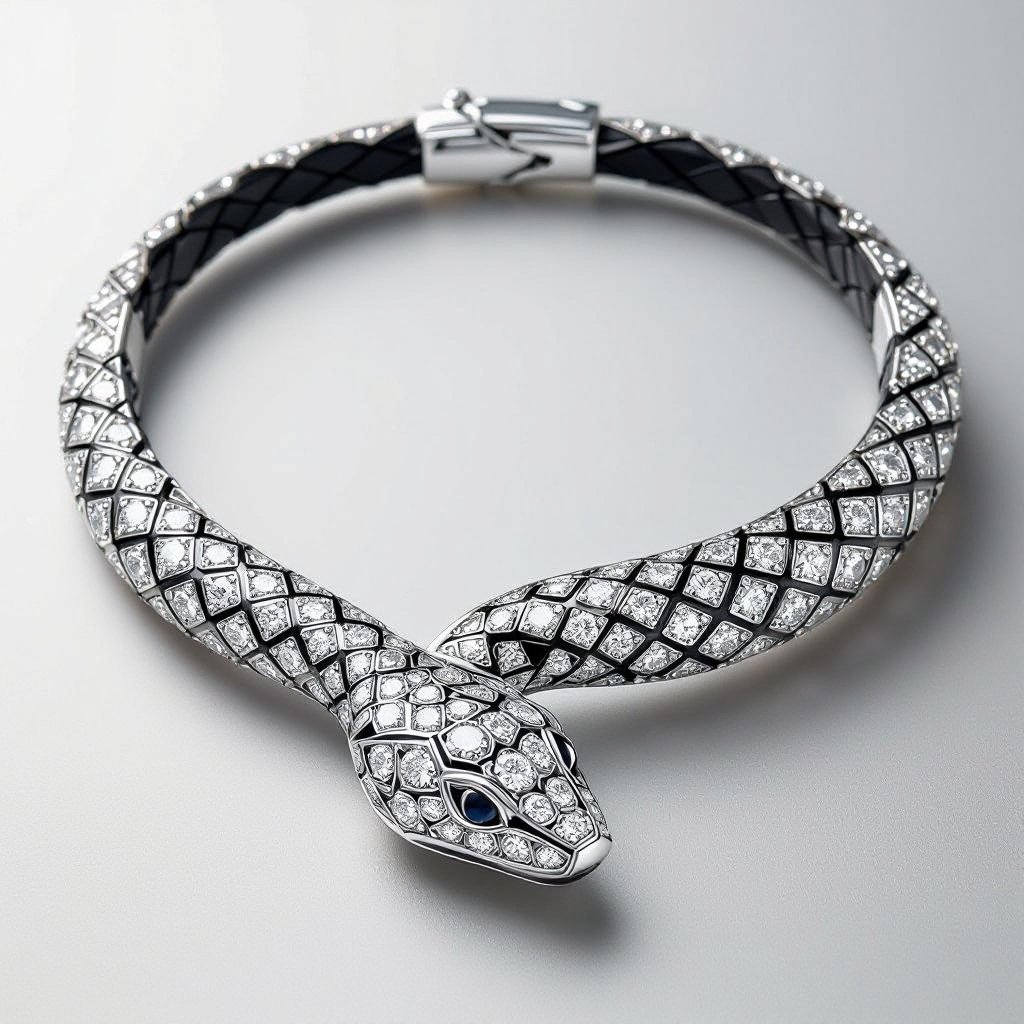 Necklace of geometric snake leather with diamonds of architecture shapes