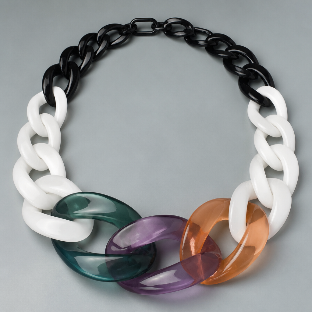 A women's necklace. create a chunky Cuban links style plastic necklace that is graduated and exaggerated in the first three links of translucent colors with the back part black and the front white
photorealistic jewelry design, A women's necklace. create a chunky Cuban links style plastic necklace that is graduated and exaggerated in the first three links of translucent colors with the back part black and the front white, modern style, just the design no text