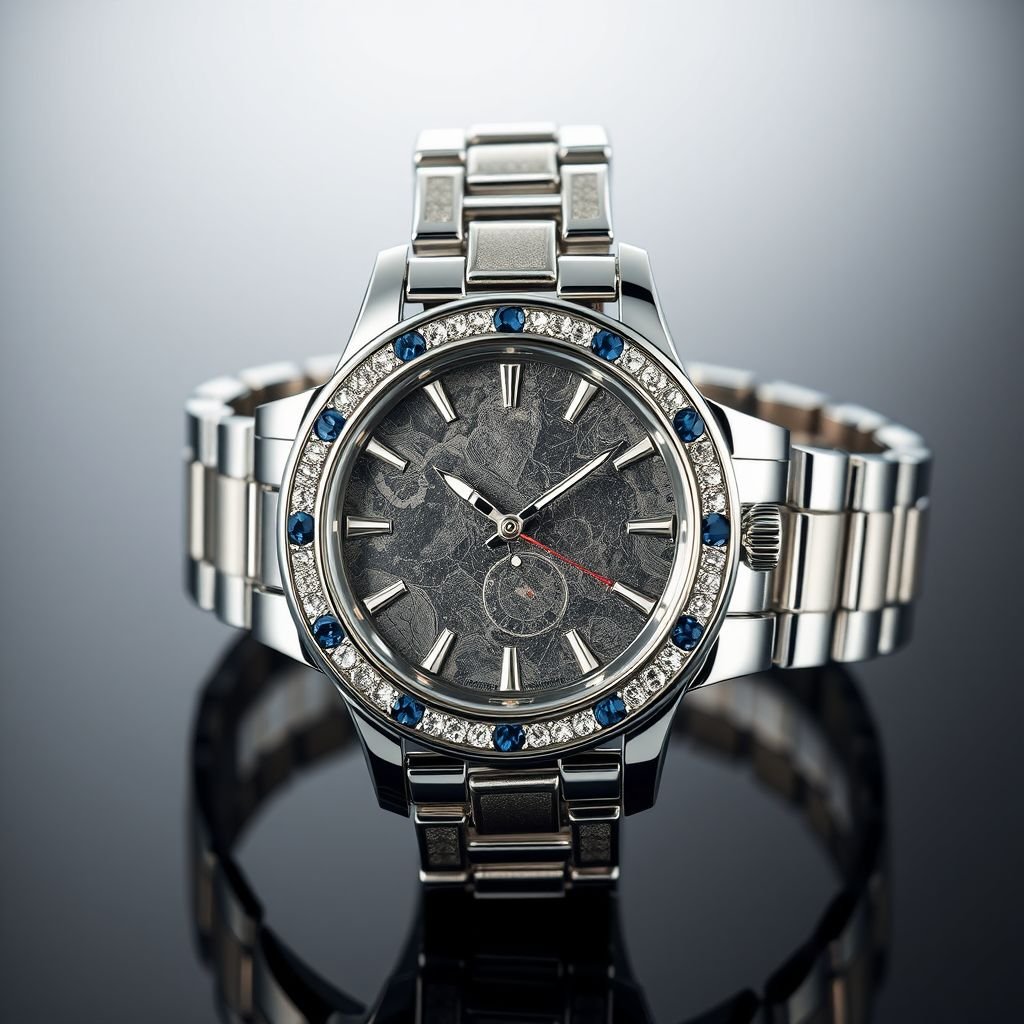 Create a male watch made of white gold, Gibeon meteorite,sapphire crystals
Design a luxurious men’s watch featuring a dazzling white gold casing that exudes elegance. Incorporate rare Gibeon meteorite as the watch face, showcasing its unique patterns. Adorn the bezel with sparkling sapphire crystals to enhance sophistication. The watch should embody timeless opulence, merging exquisite craftsmanship with celestial heritage for the discerning gentleman.