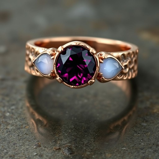 A simple rose gold engagement ring set with a circular alexandrite. Also set with a small half moon blue chalcedony on one side right next to it, and a small half moon moonstone set on the other side right next to it. On the inside of the band, it has an inscription reading, “Tuum. Et in hac vita et in altera.”