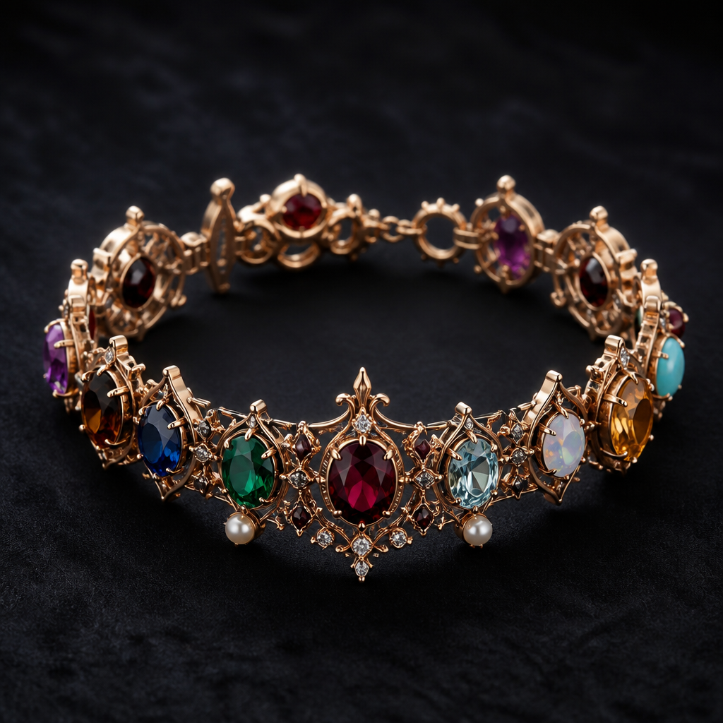 A gothic women's bracelet made of rose gold with ruby and sapphire and emerald and aquamarine and topaz and opal and amethyst and turquoise and garnet and pearl and diamond stones suitable for gift
photorealistic jewelry design, A gothic women's bracelet made of rose gold with ruby and sapphire and emerald and aquamarine and topaz and opal and amethyst and turquoise and garnet and pearl and diamond stones suitable for gift, gothic style, just the design no text