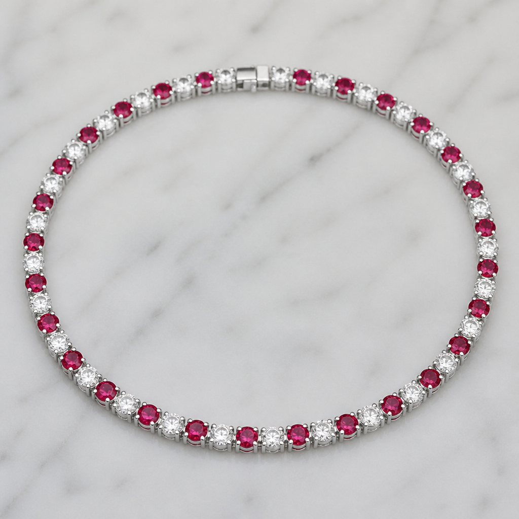 Mi generi un tennis con diamanti bianchi e rubini
photorealistic jewelry design, Mi generi un tennis con diamanti bianchi e rubini , tennis style, just the design no text