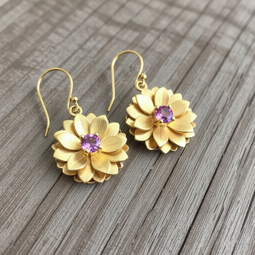 Gold-colored matte ring earrings. Diameter 1 cm. A flat lotus pendant with 6 petals. Pink quartz in the center of the lotus