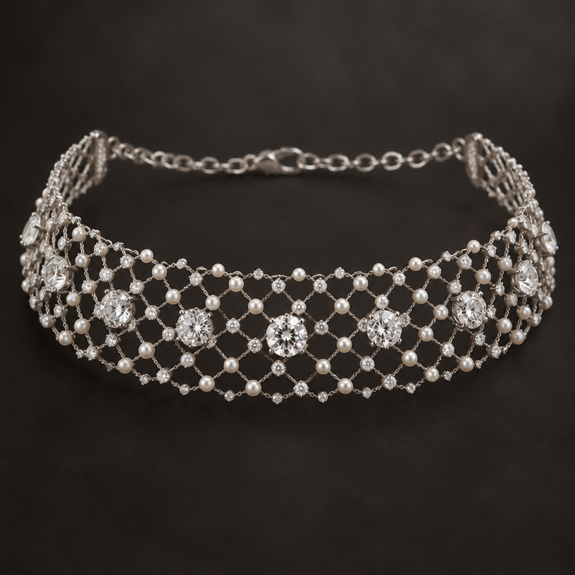 The smaller diamonds could be alternated with seed pearls in the same size
edit the attached jewelry design with these instructions: The smaller diamonds could be alternated with seed pearls in the same size. keep it photorealistic, just the design no text
