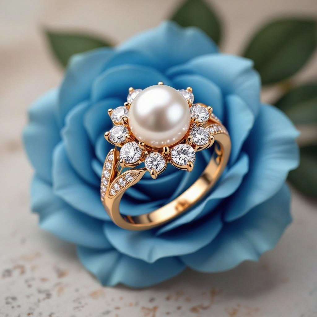 golden ring with peral sorrounded by diamonds inside a rose with leaves 