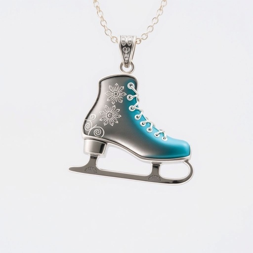 Silver Pendant shape one ice skate with turquoise stripe inside the low thin part blade