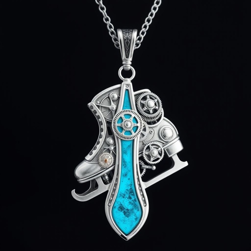 Silver pendant in the shape of ice skating blades with a turquoise stripe within the blade
