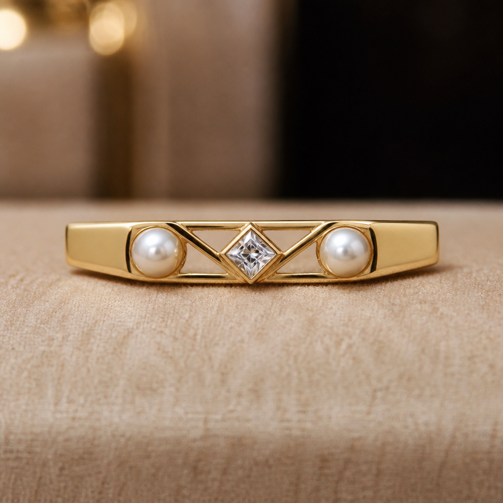 . Refinement: how this jwallery in the photo look like if it is a real jwallery it is a gold jwallery with pearl in two sides and a Dimond in the middle
photorealistic jewelry design, . Refinement: how this jwallery in the photo look like if it is a real jwallery it is a gold jwallery with pearl in two sides and a Dimond in the middle, Geometric style, just the design no text