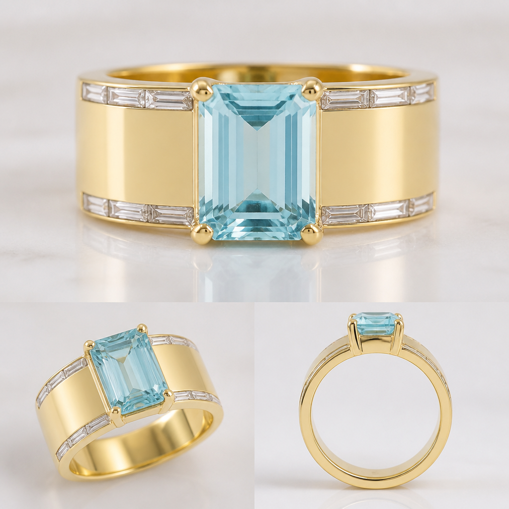 "Create a 12 mm wide Band high polished 14 karat yellow gold ring setting a 14 x 11 mm Emerald cut aquamarine north south in a 4 prong setting elevated above the Band but setting as low profile as possible.
Then on the top and bottom, both edges of the wide band of the ring set 4 x 2 mm Baguette Diamonds setting the Baguette Diamonds East West in the ring so there's one thin row of Baguette diamonds at the top of the ring band and one thin row of Baguette diamonds at the bottom of the ring band. Keep the ring band the same millimeter width all the way around the ring.
photorealistic jewelry design, "Create a 12 mm wide Band high polished 14 karat yellow gold ring setting a 14 x 11 mm Emerald cut aquamarine north south in a 4 prong setting elevated above the Band but setting as low profile as possible.
Then on the top and bottom, both edges of the wide band of the ring set 4 x 2 mm Baguette Diamonds setting the Baguette Diamonds East West in the ring so there's one thin row of Baguette diamonds at the top of the ring band and one thin row of Baguette diamonds at the bottom of the ring band. Keep the ring band the same millimeter width all the way around the ring., just the design no text