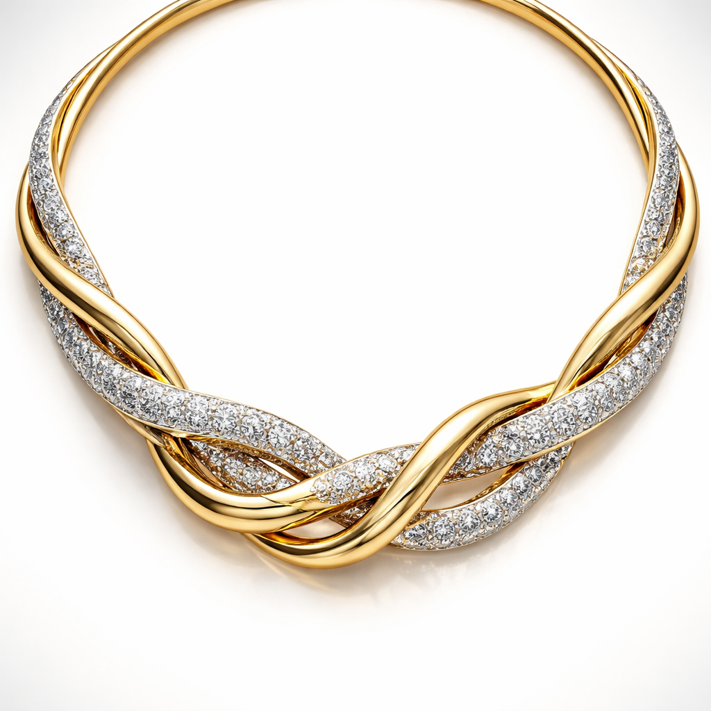 A twisted modern necklace with diamond and gold