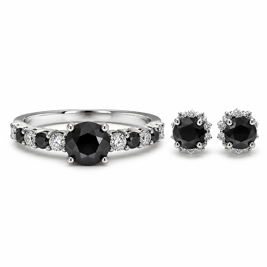 round black moissanite with other stones one wide and earrings
photorealistic jewelry design, round black moissanite with other stones one wide and earrings , just the design no text