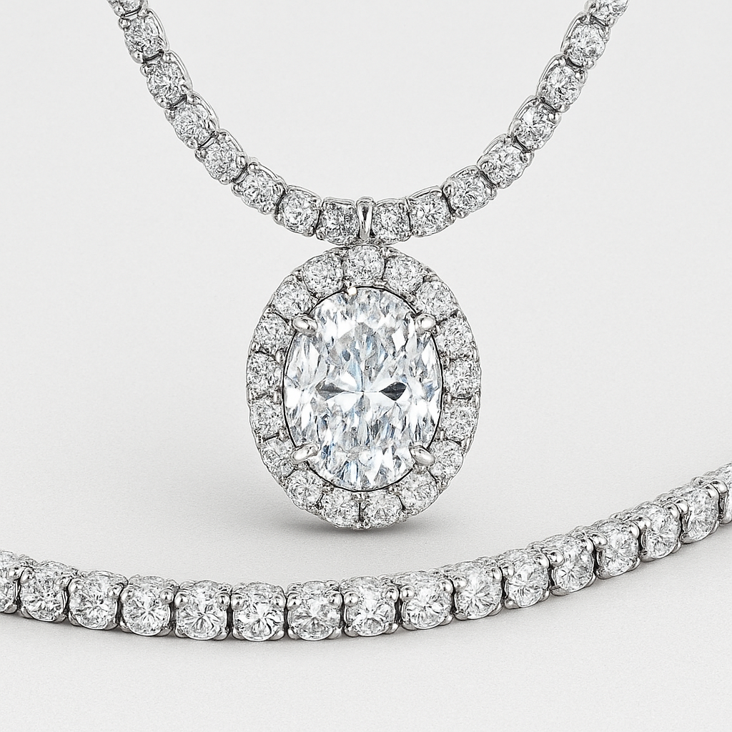 Oval diamond Halo three claw with matching tennis chain