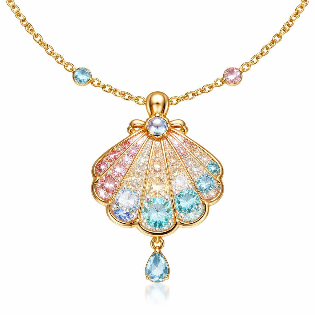 A necklace chain with a shell charm with gems