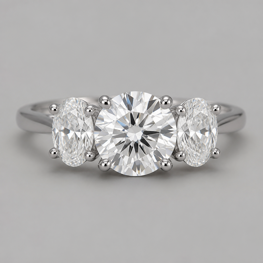 1 2.75 carat round diamond in the center and one.75 oval diamond on each side
photorealistic jewelry design, 1 2.75 carat round diamond in the center and one.75 oval diamond on each side, modern style, just the design no text