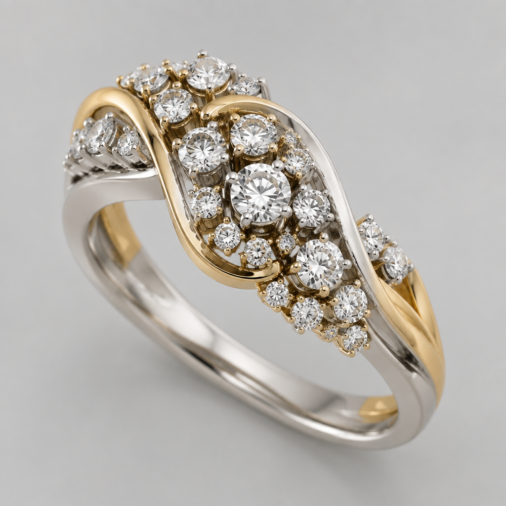 A contemporary women's ring made of mixed metal with diamond stones. 34 cluster diamonds ranging in size, but no larger than .10 of a carat
photorealistic jewelry design, A contemporary women's ring made of mixed metal with diamond stones. 34 cluster diamonds ranging in size, but no larger than .10 of a carat, contemporary style, just the design no text