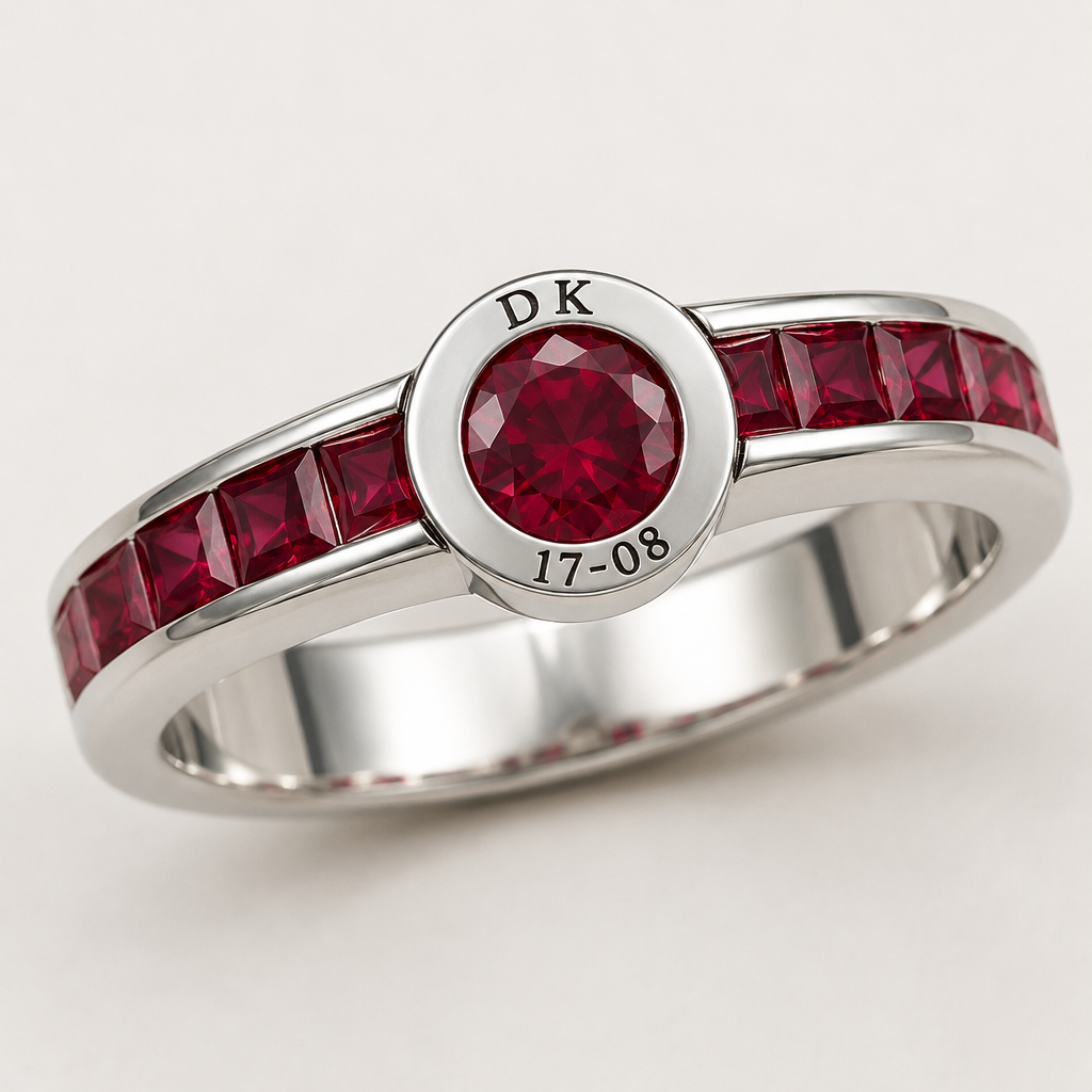 A channel-set women's ring made of silver with ruby stones suitable for anniversary. in Ring I want gem stone in center and above the stone I want letter DK and below the stone I want 17-08
photorealistic jewelry design, A channel-set women's ring made of silver with ruby stones suitable for anniversary. in Ring I want gem stone in center and above the stone I want letter DK and below the stone I want 17-08, channel_set style, just the design no text