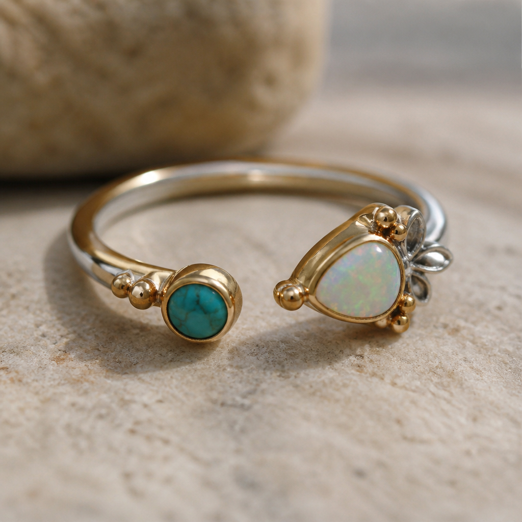 A minimalist women's ring made of mixed metal with turquoise and opal stones suitable for festival. A modern women ring with little ornaments of modern motifs.
photorealistic jewelry design, A minimalist women's ring made of mixed metal with turquoise and opal stones suitable for festival. A modern women ring with little ornaments of modern motifs., minimalist style, just the design no text