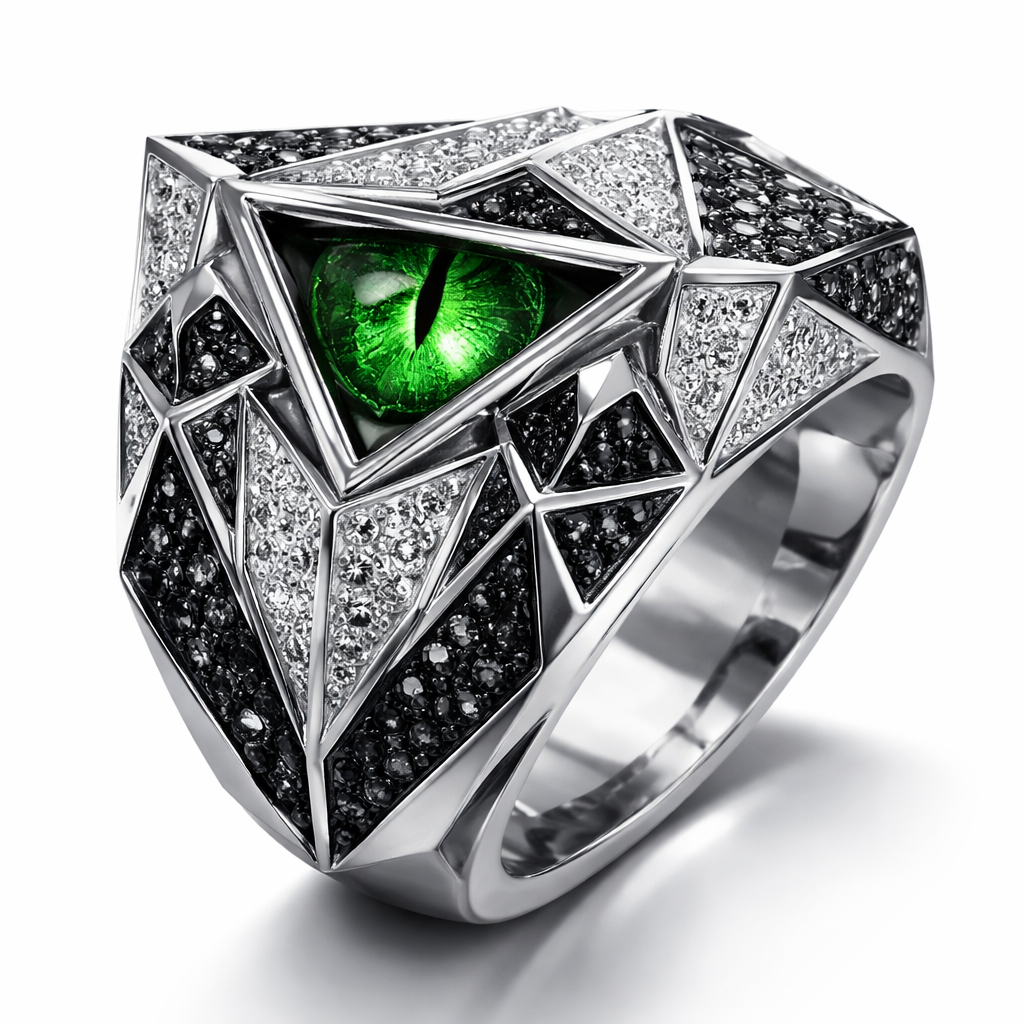 Geomatric pyramid sharp angles edgy angles ring for men of rectangular and sqaure shape of white and blcak diamonds of unique design and special shape and green eye
