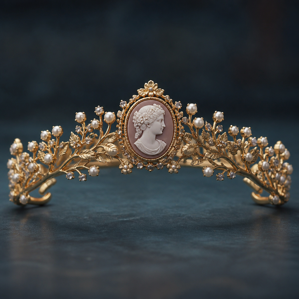A cameo women's tiara made of gold with pearl stones suitable for daily wear, highly ornate, intricate and elaborate, richly detailed. delicado y sencillo con pequeñas ramitas
photorealistic jewelry design, A cameo women's tiara made of gold with pearl stones suitable for daily wear, highly ornate, intricate and elaborate, richly detailed. delicado y sencillo con pequeñas ramitas, cameo style, just the design no text