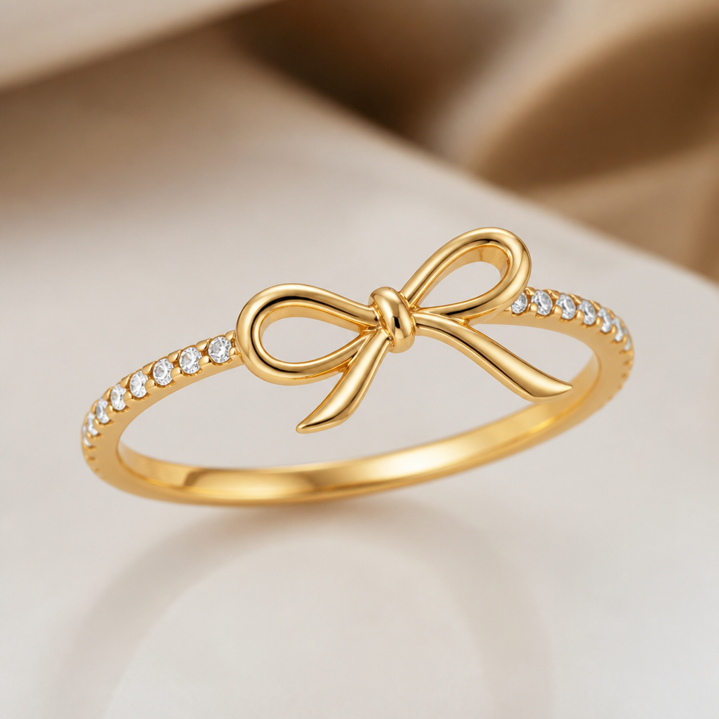 A minimalist women's ring made of gold with diamond stones suitable for gift, detailed and decorative, moderately ornate. ring with the aesthetic ribbon design and the ribbon is tilting to right a bit. the ring goes around the ribbon not under the ribbon. the ribbon is tied like a knot. the ribbon has two same size loops and the size of the ribbon not too big. the gemstone is place around the ring but not fully and at the ribbon doesn't have a gemstone . gemstone is in small size
photorealistic jewelry design, A minimalist women's ring made of gold with diamond stones suitable for gift, detailed and decorative, moderately ornate. ring with the aesthetic ribbon design and the ribbon is tilting to right a bit. the ring goes around the ribbon not under the ribbon. the ribbon is tied like a knot. the ribbon has two same size loops and the size of the ribbon not too big. the gemstone is place around the ring but not fully and at the ribbon doesn't have a gemstone . gemstone is in small size, minimalist style, just the design no text