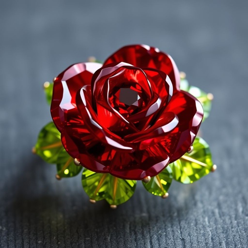 A red cut garnet rose with green Nanette cut leaves with 20 carats and VS clarity
