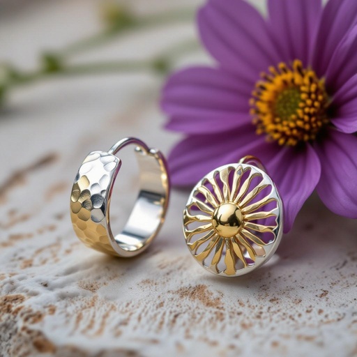 Золотые серьги полукруг половинка горящего солнца мятое неровное золото лучи волнистые другая половинка круга серебряная 