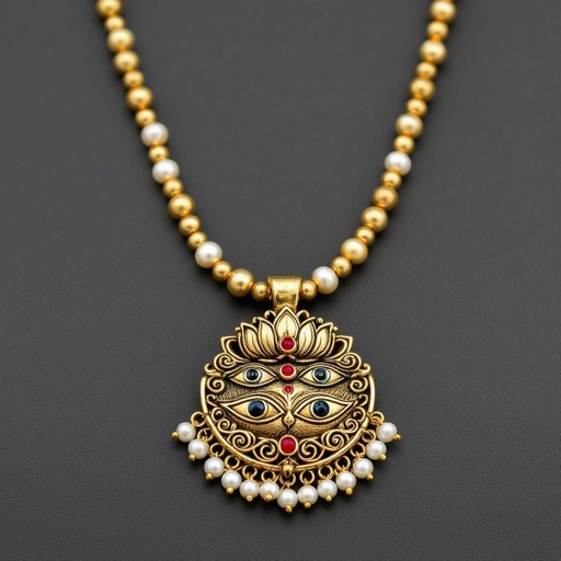 Кулон на длинной цепочке. Матовое светлое золото. В цепочке небольшие золотые шарики и жемчуг. Кулон в виде двух глаз над ними лотос с маленьким красным камнем внутри узоры завитушки 