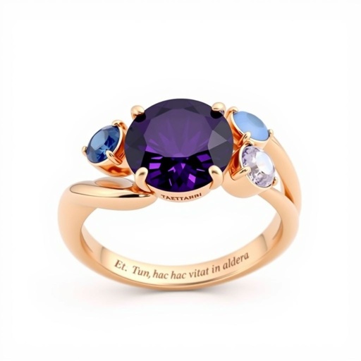 A simple, three stone 18 karat rose gold engagement ring set with a circular purple alexandrite. Also set with a small half moon cut blue chalcedony on one side right next to it, and a small half moon cut moonstone set on the other side right next to it. On the inside of the band, it has an inscription reading, “Tuum. Et in hac vita et in altera.”