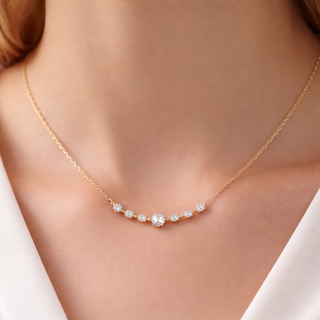 A modern women's necklace made of gold with diamond stones suitable for daily wear
A modern women's necklace made of gold with diamond stones suitable for daily wear, modern style