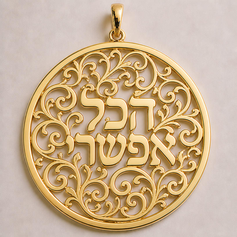 לא לא . בוא נתחיל מחדש.
אני רוצה שיהיה כתוב באמצע העיגול המילים: הכל אפשרי. בסגנון פלגרי. וברווח שנותר לעשות עיטורים קטנים בסגנון פילגרי
edit the attached jewelry design with these instructions: לא לא . בוא נתחיל מחדש.
אני רוצה שיהיה כתוב באמצע העיגול המילים: הכל אפשרי. בסגנון פלגרי. וברווח שנותר לעשות עיטורים קטנים בסגנון פילגרי. keep it photorealistic, just the design no text