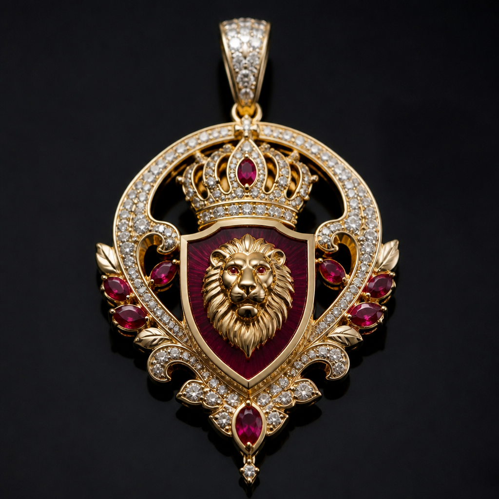 A royal men's pendant with diamond and ruby stones
photorealistic jewelry design, A royal men's pendant with diamond and ruby stones, royal style, just the design no text