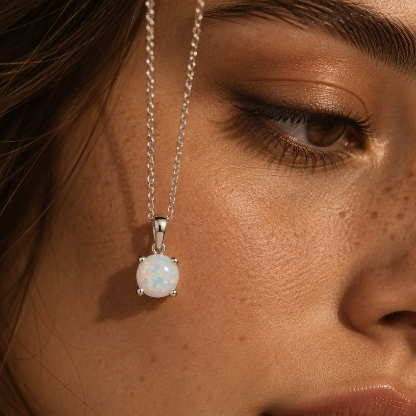 Jewelry photoshoot (worn)
Show the jewelry piece from the image worn by an elegant model in a professional editorial photograph, soft studio lighting. Reproduce the jewelry's exact design, metal, stones and details faithfully. Photorealistic, no text. Additional instructions: An extreme close-up macro beauty photograph in square 1:1 format (1080x1080px, Instagram post dimensions), focused tightly on a woman's eye and upper cheek, filling most of the frame. Warm-toned skin with visible natural texture, freckles, and pores, softly lit with warm golden directional light creating gentle shadows across the face. Full, natural dark eyebrows and lashes, eye looking slightly downward or to the side, subtle warm-toned eyeshadow. A necklace chain dangles vertically in front of the face, out of focus at the top and coming into soft focus toward the bottom where a small pendant hangs near cheek level, casting a subtle soft shadow on the skin. Artistic, editorial, high-fashion jewelry photography style, dramatic yet intimate mood, shallow depth of field, moody warm color grading. Photorealistic. No jewelry pendant shape described — clean space for pendant to be added, kept small and delicate in proportion to the face.