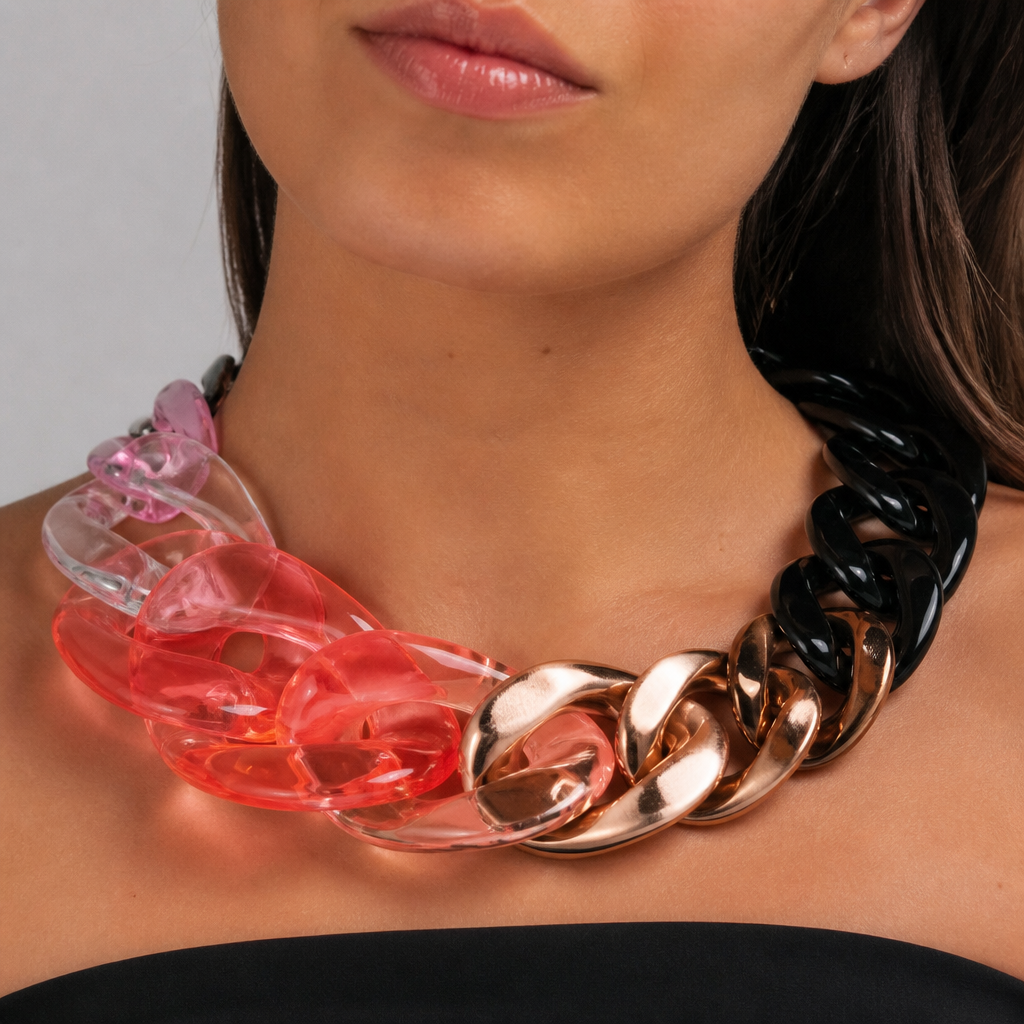 A women's necklace. create a chunky Cuban links style plastic necklace that is graduated and exaggerated in the first three links of translucent colors with the back part being black and the front copper
photorealistic jewelry design, A women's necklace. create a chunky Cuban links style plastic necklace that is graduated and exaggerated in the first three links of translucent colors with the back part being black and the front copper, modern style, just the design no text