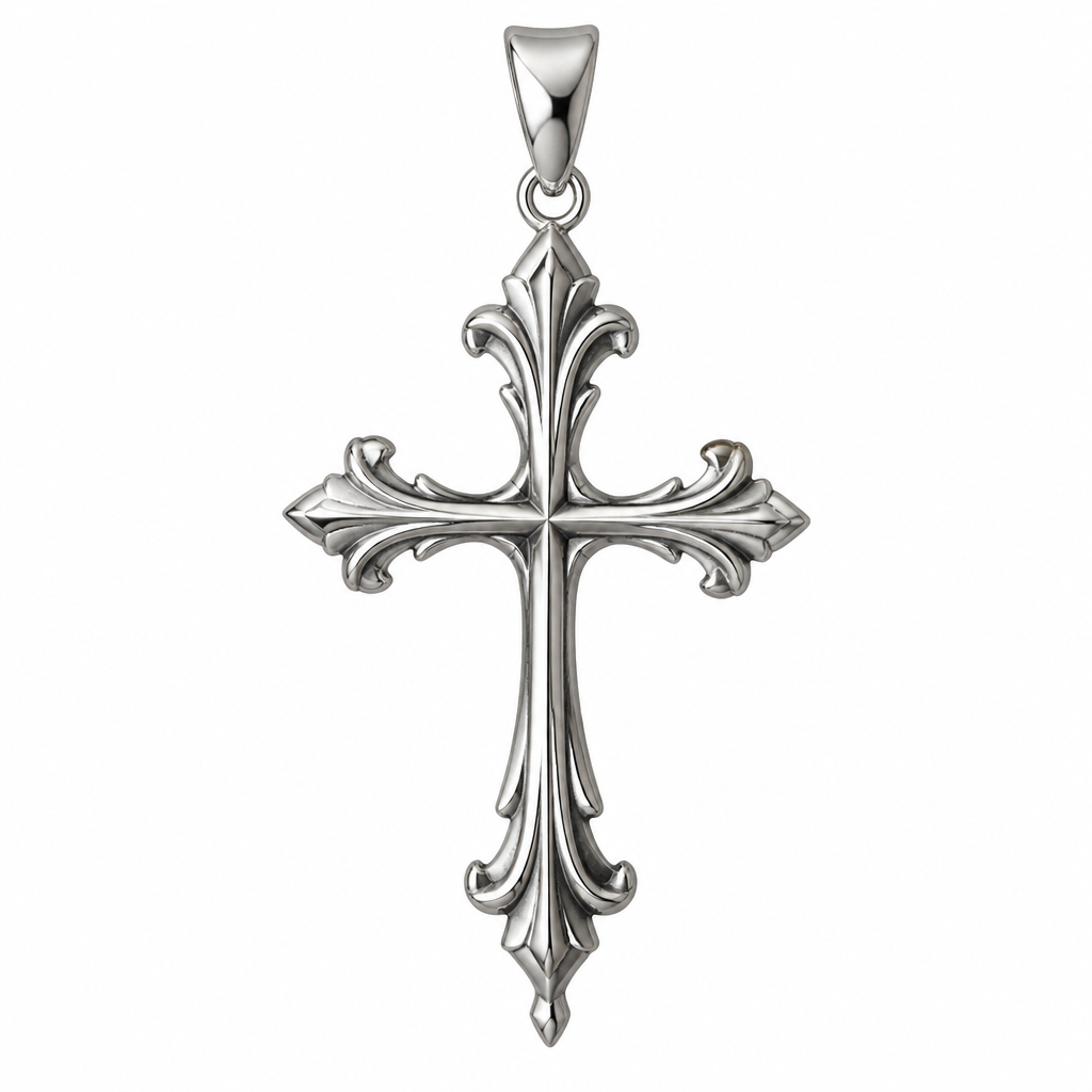 A medieval women's pendant made of silver suitable for daily wear. An extraordinary excellent beautiful delicate and elegant, super modern Cross, without stones, only the Cross without background.
photorealistic jewelry design, A medieval women's pendant made of silver suitable for daily wear. An extraordinary excellent beautiful delicate and elegant, super modern Cross, without stones, only the Cross without background., medieval style, just the design no text