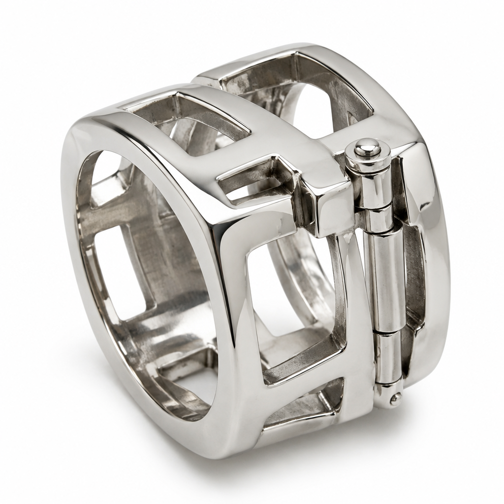 Chunky sterling silver statement ring, wide open-frame band with geometric cutouts, hinged gate mechanism on the side, , brutalist industrial design, high-polish mirror finish with soft reflections, three-quarter angle view, isolated on pure white background, studio product photography, macro lens, sharp focus, ultra detailed, photorealistic
photorealistic jewelry design, Chunky sterling silver statement ring, wide open-frame band with geometric cutouts, hinged gate mechanism on the side, , brutalist industrial design, high-polish mirror finish with soft reflections, three-quarter angle view, isolated on pure white background, studio product photography, macro lens, sharp focus, ultra detailed, photorealistic, silver style, just the design no text
