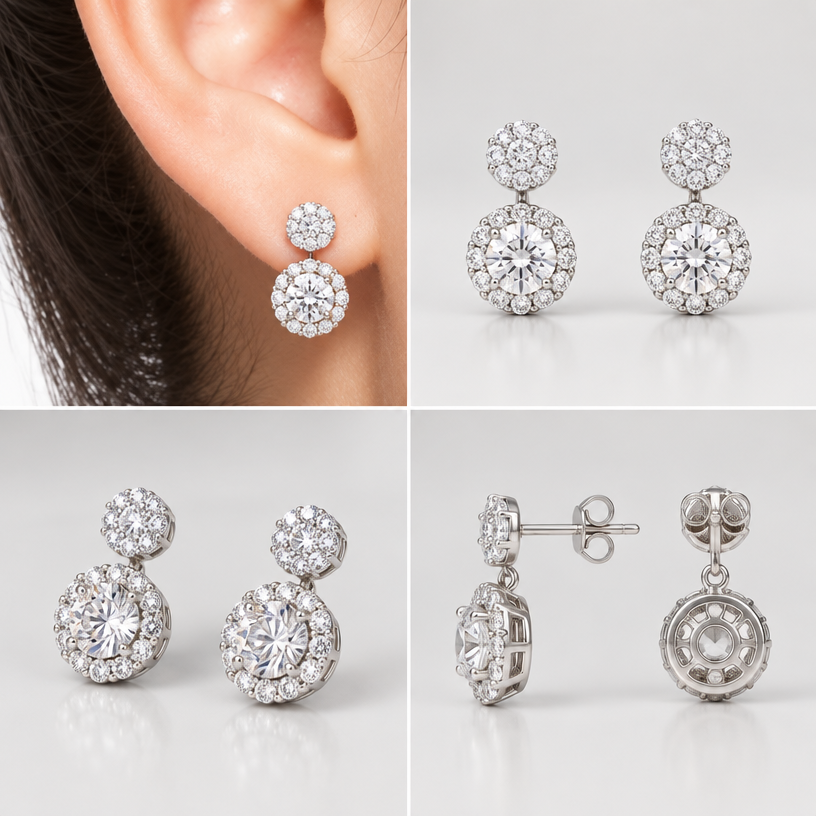 A women's earrings, minimalist, simple and delicate, clean lines. แก้ไขเฉพาะส่วนของต่างหูชิ้นล่างที่อยู่ภายในวงกลมสีแดงในภาพต้นฉบับ โดยปรับรูปแบบการประดับเพชรให้เป็น เพชรเม็ดเดี่ยวล้อม 1 ชุด (Single Center Stone with One Halo) โดยมีเพชรเม็ดกลาง 1 เม็ด และมีเพชรเม็ดเล็กเรียงล้อมรอบเพชรเม็ดกลางเพียง 1 ชั้นอย่างสมมาตร ให้มีรูปทรงและสัดส่วนสวยงาม ดูหรูหราและสามารถผลิตเป็นเครื่องประดับจริงได้, 4view
using the attached image as a visual reference, create A women's earrings, minimalist, simple and delicate, clean lines. แก้ไขเฉพาะส่วนของต่างหูชิ้นล่างที่อยู่ภายในวงกลมสีแดงในภาพต้นฉบับ โดยปรับรูปแบบการประดับเพชรให้เป็น เพชรเม็ดเดี่ยวล้อม 1 ชุด (Single Center Stone with One Halo) โดยมีเพชรเม็ดกลาง 1 เม็ด และมีเพชรเม็ดเล็กเรียงล้อมรอบเพชรเม็ดกลางเพียง 1 ชั้นอย่างสมมาตร ให้มีรูปทรงและสัดส่วนสวยงาม ดูหรูหราและสามารถผลิตเป็นเครื่องประดับจริงได้, 4view. photorealistic, just the design no text