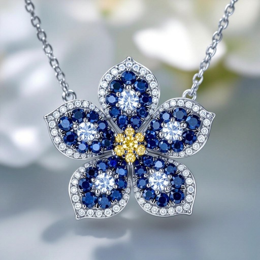 I want to create a necklace inspired by the forget me not flower.  The petals are formed using paved light blue sapphires and diamond. The center stone is yellow and black diamonds.