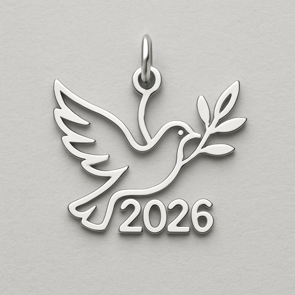 Silver cut-out charm blending together only the two spread out wings of a bird, an olive branch and  along year 2026